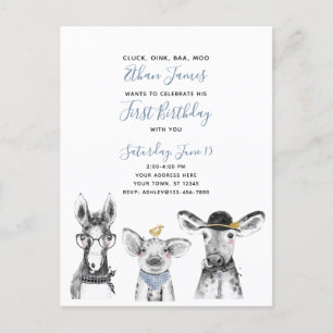 Invitation Carte Postale Noir Blanc Bleu Script ferme Anniversaire Invitati