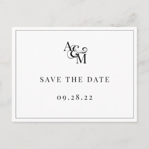 Invitation Carte Postale Noir Blanc Monogramme Simple Élégant Enregistrer L