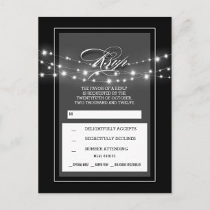 Invitation Carte Postale Noir et blanc lumières à cordes mariage RSVP