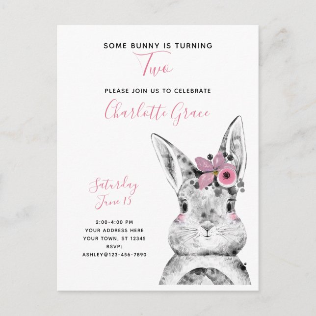Invitation Carte Postale Noir et blanc Un lapin atteint deux ans (Devant)