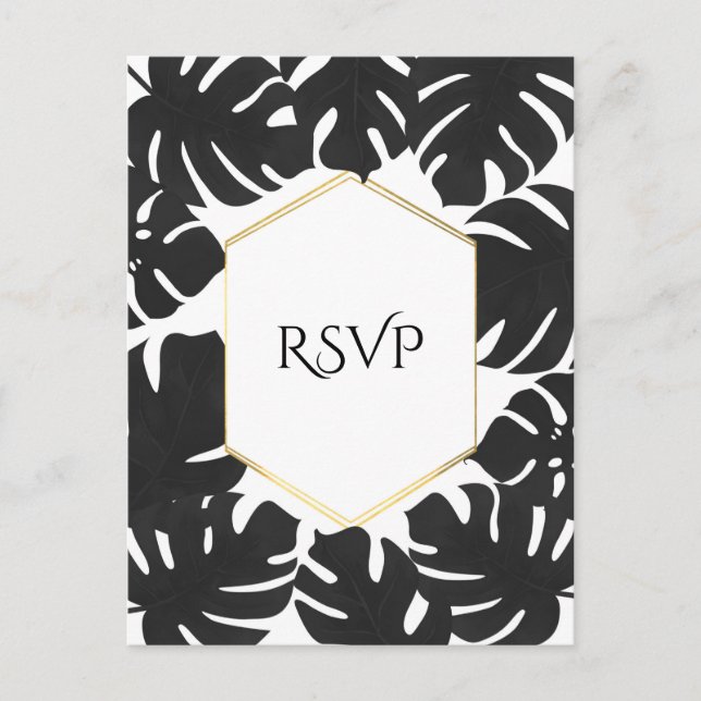 Invitation Carte Postale Noir Feuille Tropical Blanc & Or Mariage RSVP (Devant)