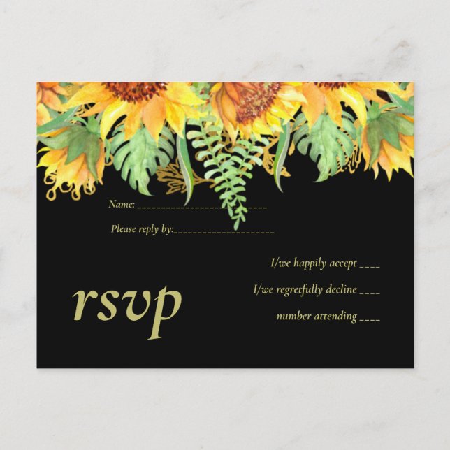 Invitation Carte Postale Noir frappant avec le budget Mariage des tournesol (Devant)