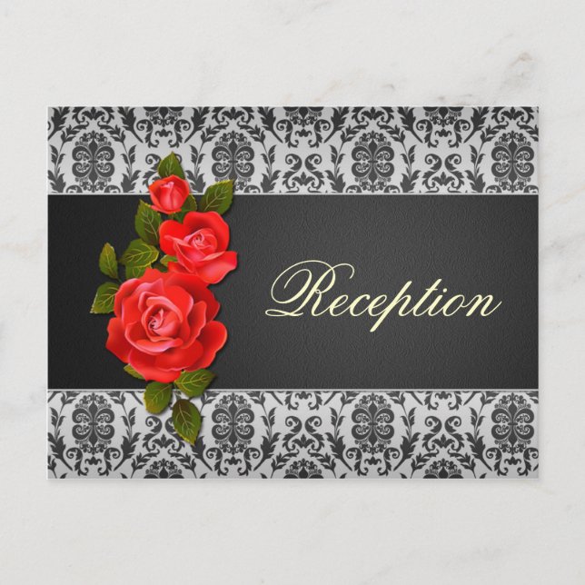 Invitation Carte Postale Noir gris damas, roses rouges Mariage Réception (Devant)