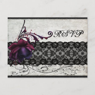 Invitation Carte Postale Noir mariage dentelle RSVP