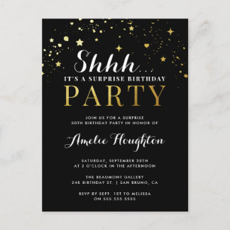 Invitation Carte Postale Noir & Or Confetti Shhh... Parti surprise
