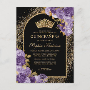 Invitation Carte Postale Noir Plum Plum or Parties scintillant Floral Quinc