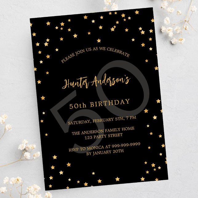 Invitation Carte Postale Nombre d'étoiles d'or noir (Créateur téléchargé)