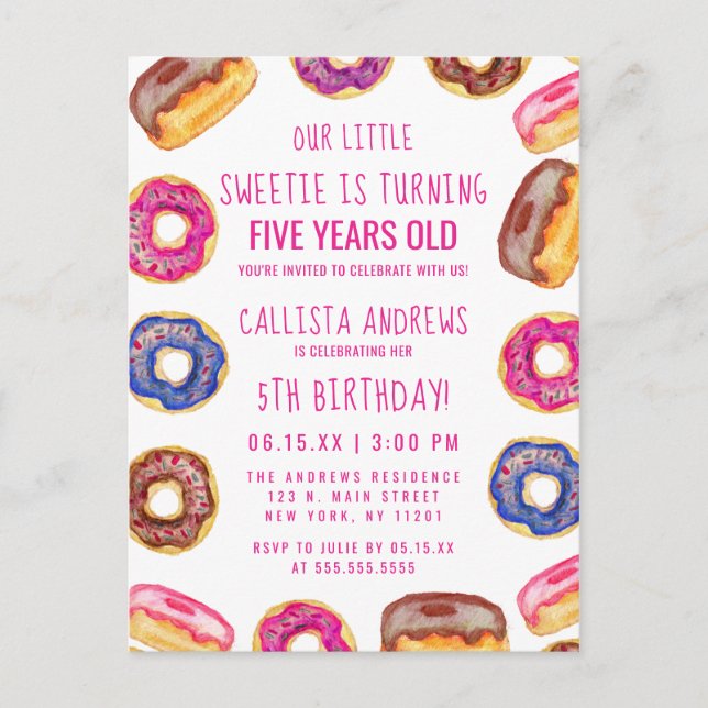 Invitation Carte Postale Notre Petite Petite Douce Mignonne Donuts Rose Cit (Devant)