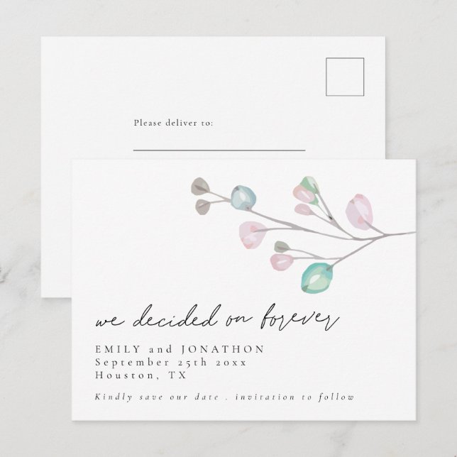Invitation Carte Postale Nous avons décidé de Forever Script Feuilles Enreg (Devant / Derrière)