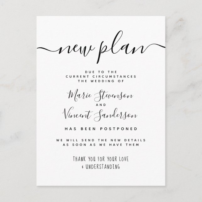 Invitation Carte Postale Nouveau report de mariage pour Black and White Pla (Devant)