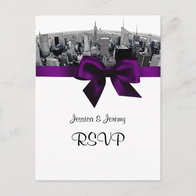 Invitation Carte Postale NYC Etched Fisheye Skyline BW Purple RSVP 1 (Devant)