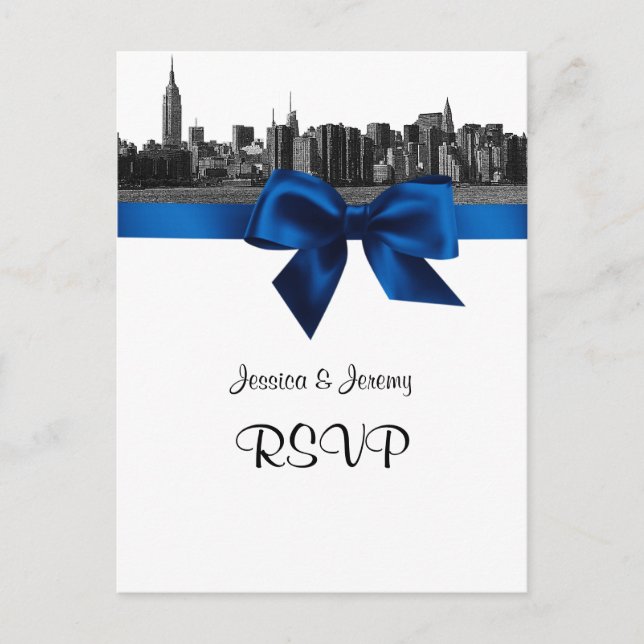 Invitation Carte Postale NYC large Skyline Etted BW Royal Blue RSVP 1 (Devant)