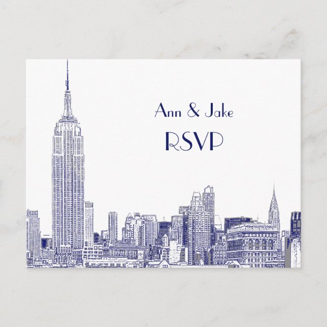Invitation Carte Postale NYC Skyline 01 Etched White RSVP 1Blue (Devant)