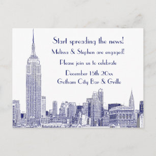 Invitation Carte Postale NYC Skyline Etched 01 Engagement Party Blue