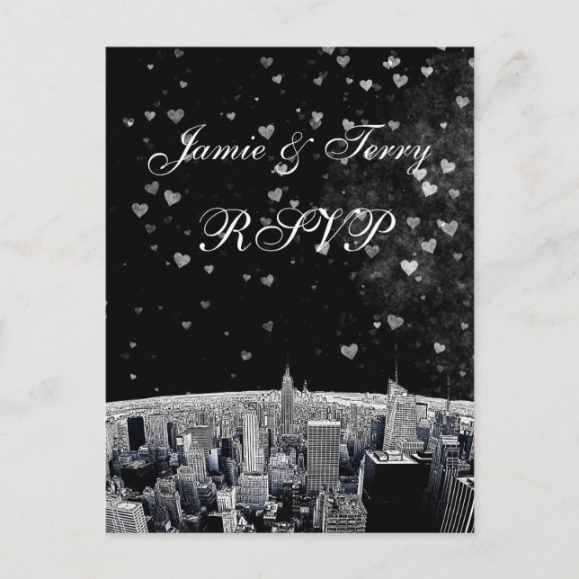 Invitation Carte Postale NYC Skyline Etched #2 Black White Heart RSVP 1 (Devant)