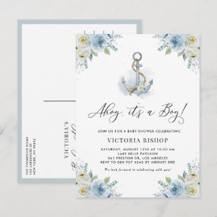 Invitation Carte Postale Ohé C'est un Garçon Fleurs d'Ancre Baby Shower Mar