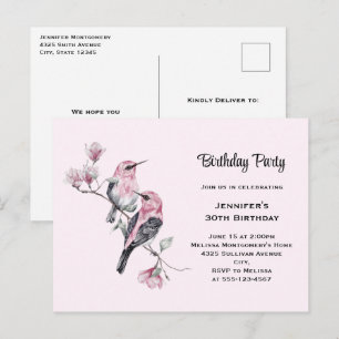 Invitation Carte Postale Oiseaux-chanteurs roses sur une branche d'arbre An