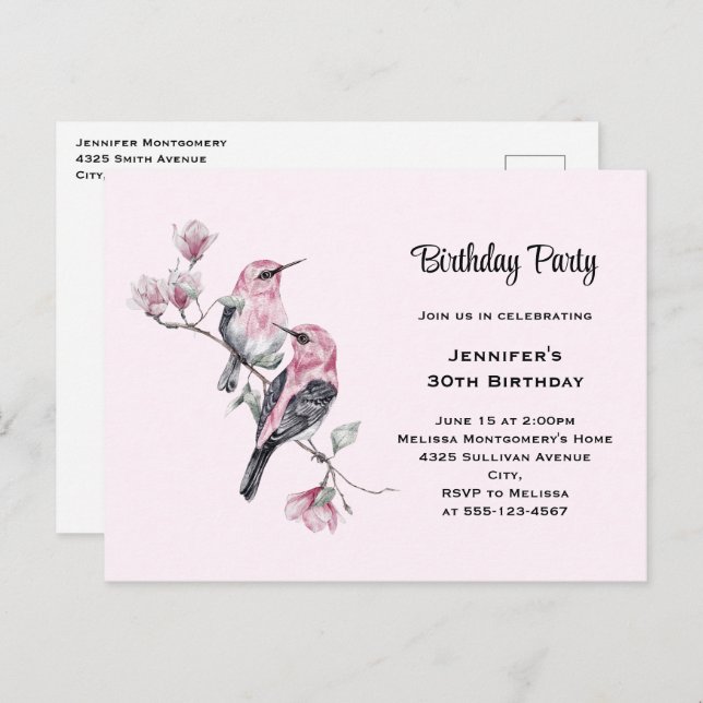 Invitation Carte Postale Oiseaux-chanteurs roses sur une branche d'arbre An (Devant / Derrière)