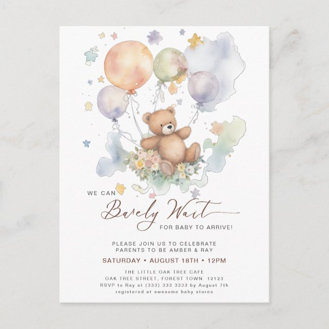 Invitation Carte Postale On Peut Attendre Teddy Bear Baby shower (Devant)