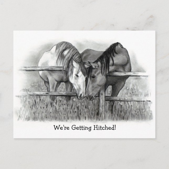 Invitation Carte Postale On se fait attraper : Chevaux, crayon, Mariage (Devant)