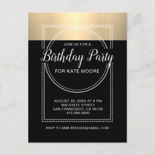Invitation Carte Postale Or métallique à l'anniversaire noir