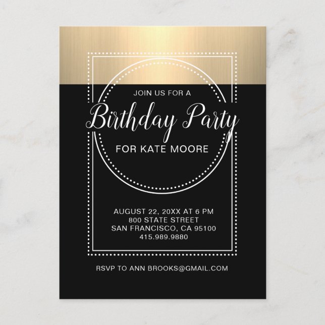Invitation Carte Postale Or métallique à l'anniversaire noir (Devant)