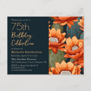 Invitation Carte Postale Orange Floral Green Cactus Navy 75e anniversaire