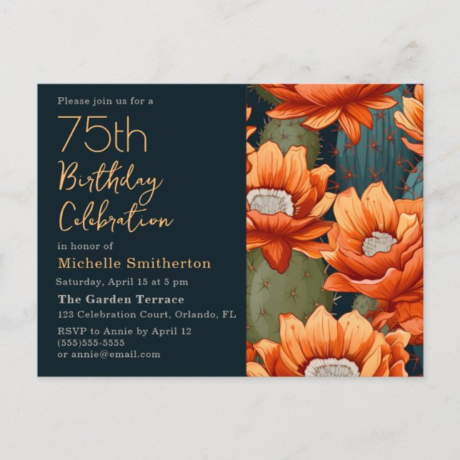 Invitation Carte Postale Orange Floral Green Cactus Navy 75e anniversaire (Devant)