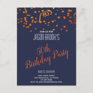 Invitation Carte Postale Orange Gold Parties scintillant Confetti Black 50e