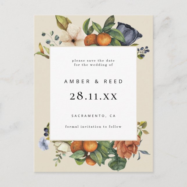 Invitation Carte Postale Orange Summer Floral Botanical Boho Enregistrer la (Devant)