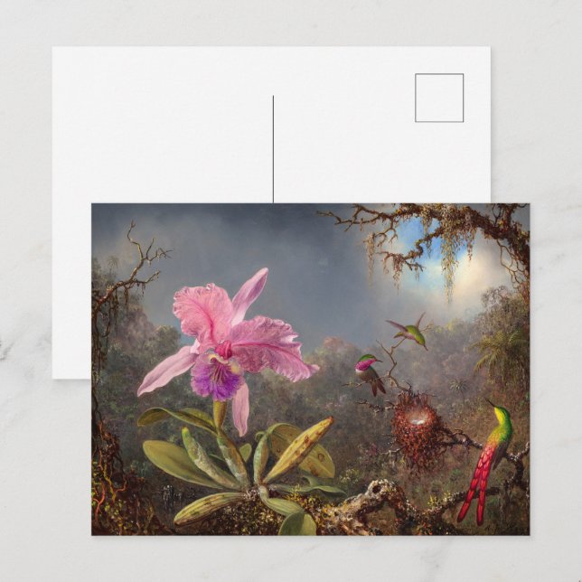 Invitation Carte Postale Orchidée de Cattleya et trois colibris par Heade (Devant / Derrière)