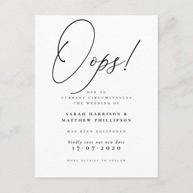 Invitation Carte Postale Oups ! Annonce officielle de report de mariage (Devant)