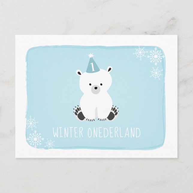 Invitation Carte Postale Ours bleu polaire Hiver Onederland Premier anniver (Devant)