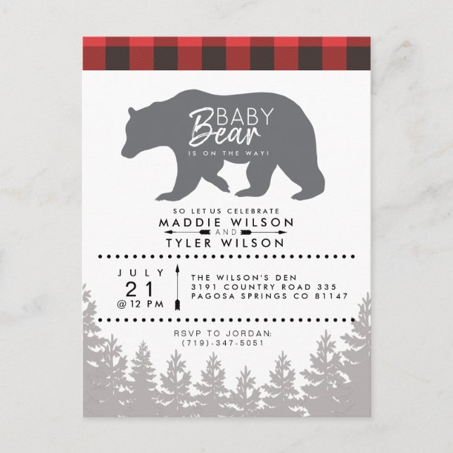 Invitation Carte Postale Ours de bébé | Baby shower rustique | Bois à bois (Devant)
