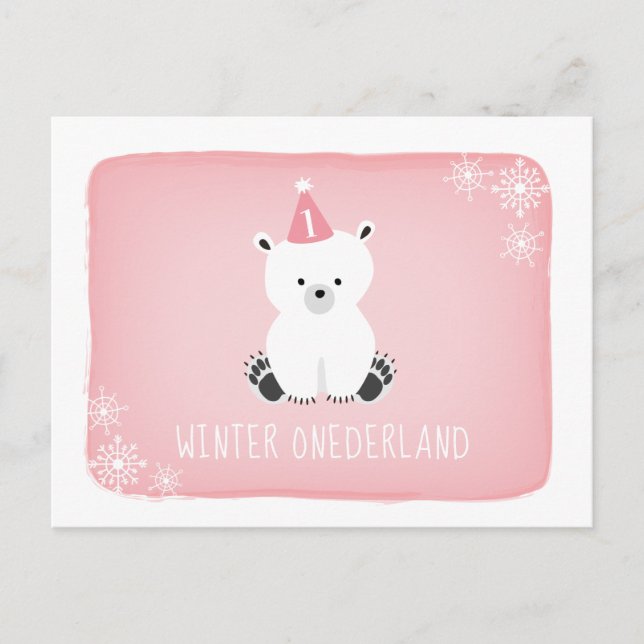 Invitation Carte Postale Ours rose Polaire Hiver Onederland Premier anniver (Devant)