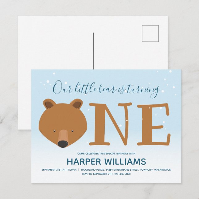 Invitation Carte Postale Ours Tourne un animal d'hiver 1er anniversaire (Devant / Derrière)