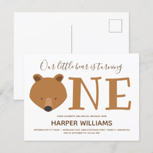 Invitation Carte Postale Ours Turner un animal mignon premier anniversaire