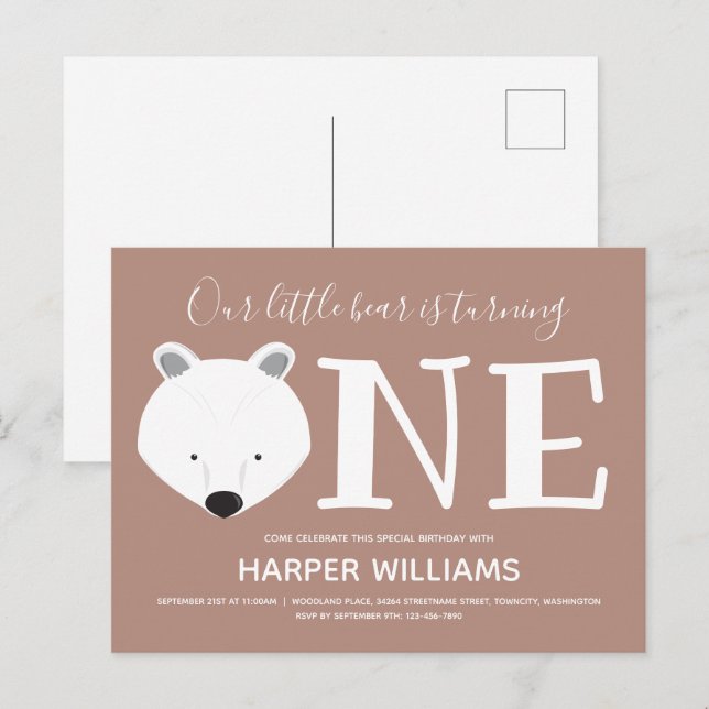 Invitation Carte Postale Ours Turner un animal mignon premier anniversaire (Devant / Derrière)