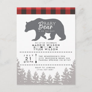 Invitation Carte Postale Ourson de la forêt Baby Shower Rustique Bûcheron