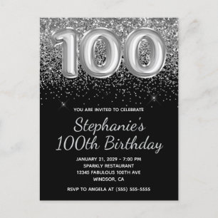 Invitation Carte Postale Paillettes Argentées Anniversaire 100 ans Noir