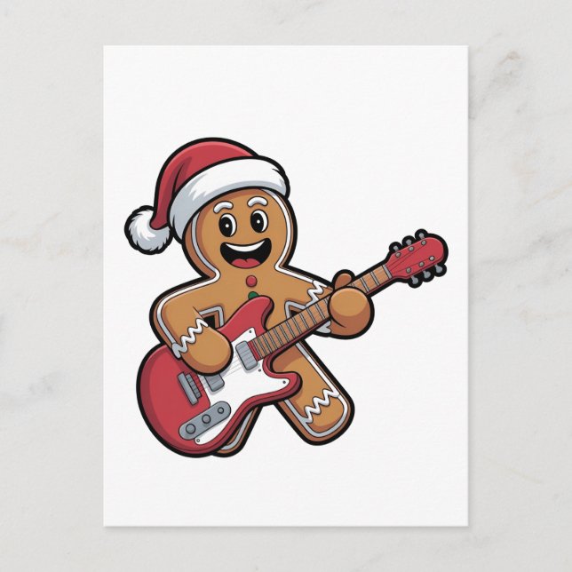 Invitation Carte Postale Pain d'épices Homme Jouer Guitare Electrique Noël (Devant)
