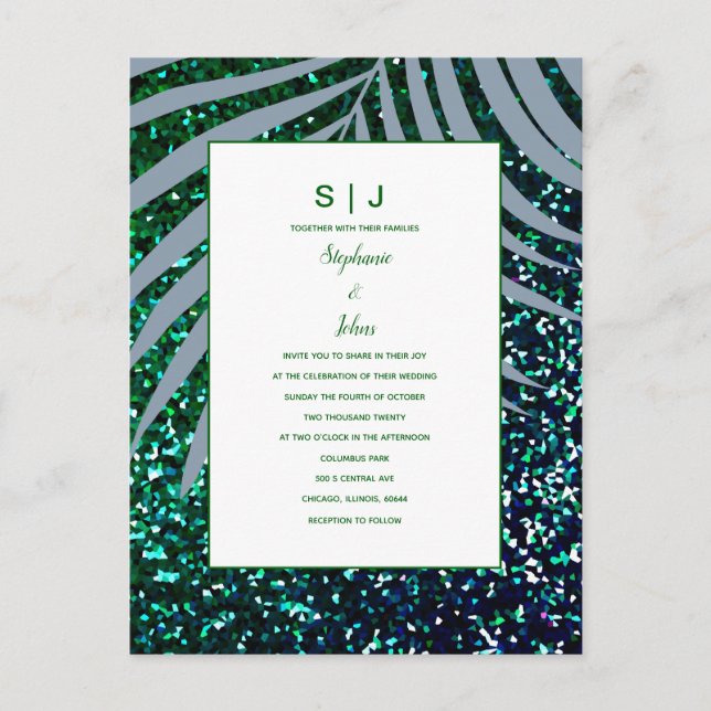 Invitation Carte Postale Palm Feuille Dusty Blue Parties scintillant Mariag (Devant)