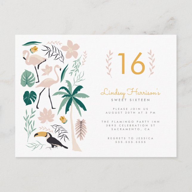 Invitation Carte Postale Palm Tree Toucan Flamant rose rose & Monstera Swee (Devant)
