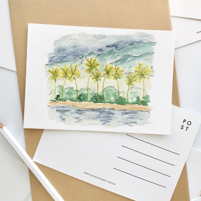 Invitation Carte Postale Palm Trees Père Noël Barbara Beach Aquarelle Voyag (Palm trees lined beach scene inspired by Santa Barbara, California watercolor travel postcard.)