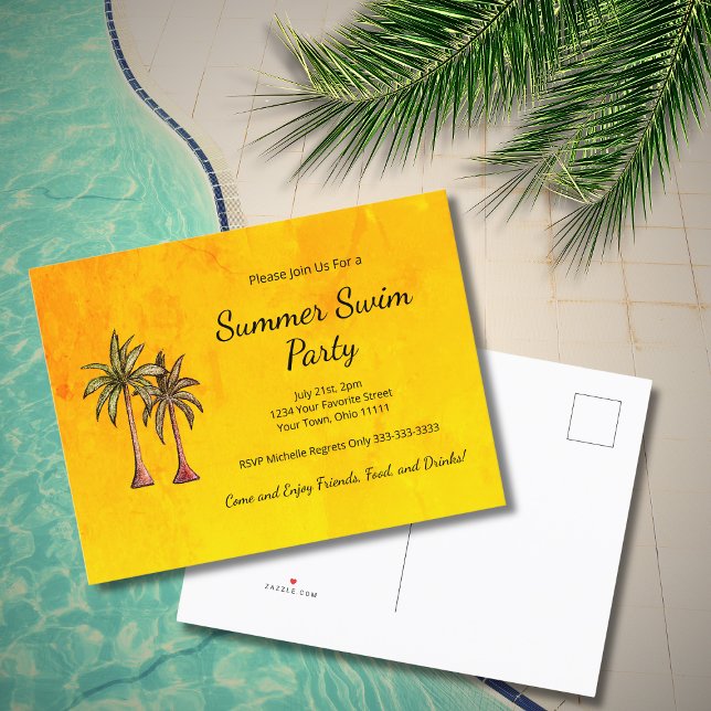 Invitation Carte Postale Palmiers Tropical Gold Summer Swim Pool Party (Créateur téléchargé)