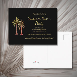 Invitation Carte Postale Palmiers tropicaux Summer Pool Party Gold Black