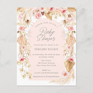 Invitation Carte Postale pampa boho avec baby shower d'arc rose fleuri invi