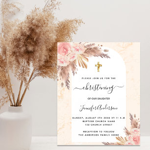 Invitation Carte Postale Pampas Christening rose or marbre rousse