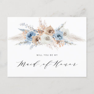 Invitation Carte Postale pampas herbe bleu serez-vous ma servante d'honneur