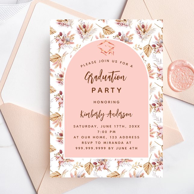 Invitation Carte Postale Pampas herbe fleurs rose or fête de graduation (Créateur téléchargé)